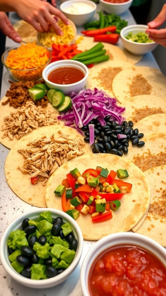 A quesadilla bar with tortillas, cheese, chicken, beans, peppers, and toppings for a customizable meal.